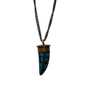 Vintage Brass and Turquoise mosaic horn long necklace boho hippie Ethnic